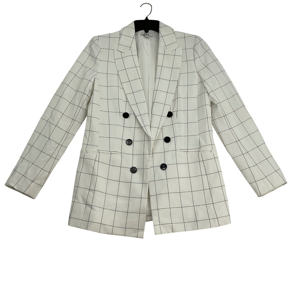 Bar III Womens Windowpane Double Breasted Blazer White Black Grid Suit Jacket‎ M